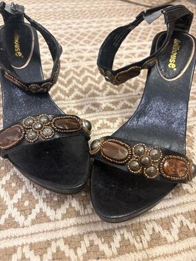 Dollhouse Black Heeled Sandals with Bronze Bead Accents